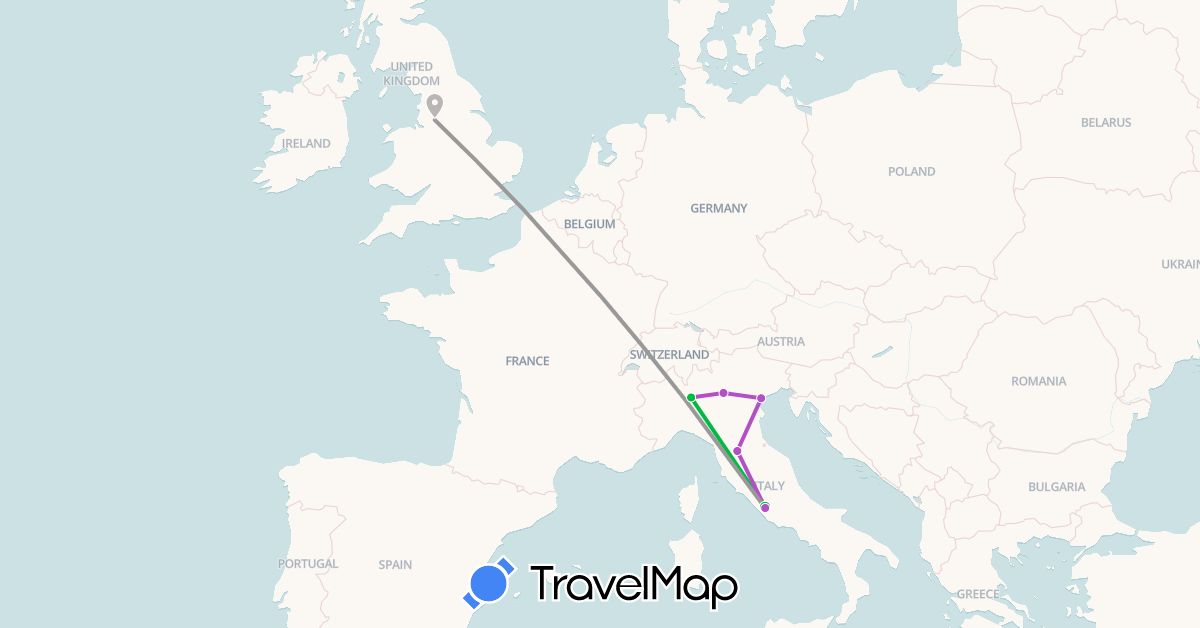 TravelMap itinerary: driving, bus, plane, train in United Kingdom, Italy (Europe)